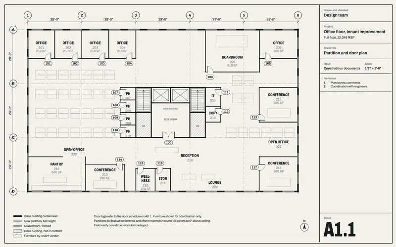 Floor plan of an office floor with open office, conference rooms, phone rooms and a pantry around a base building core.