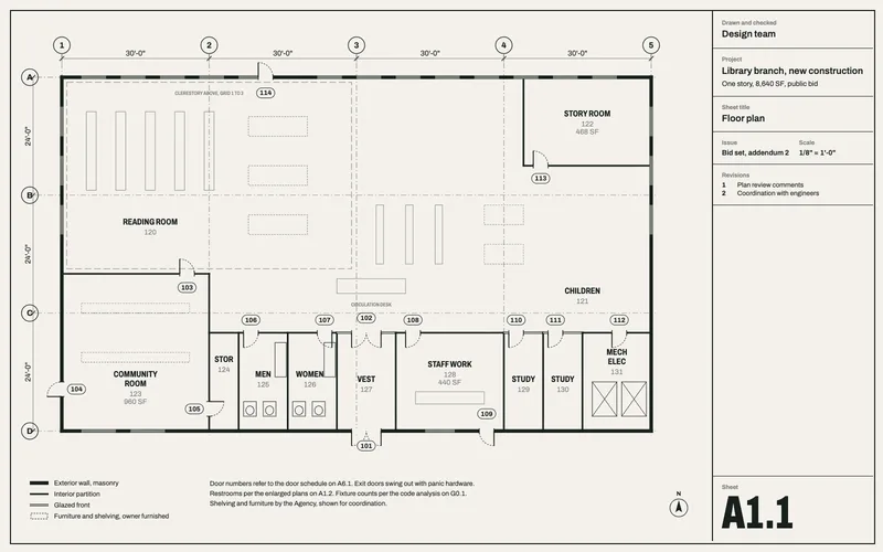 Floor plan of a one-story library branch with a reading room, children's area, community room, restrooms and staff rooms.