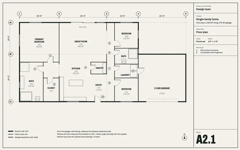 Floor plan of a one-story home with three bedrooms, two baths, a great room, kitchen and two-car garage.